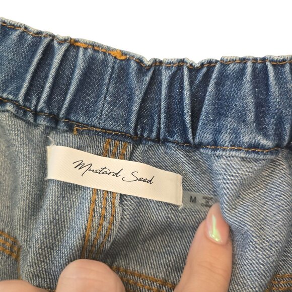 Distressed Light Wash Elastic Waist Denim Jogger Jeans W/ Drawstring By Mustard - Picture 4 of 5